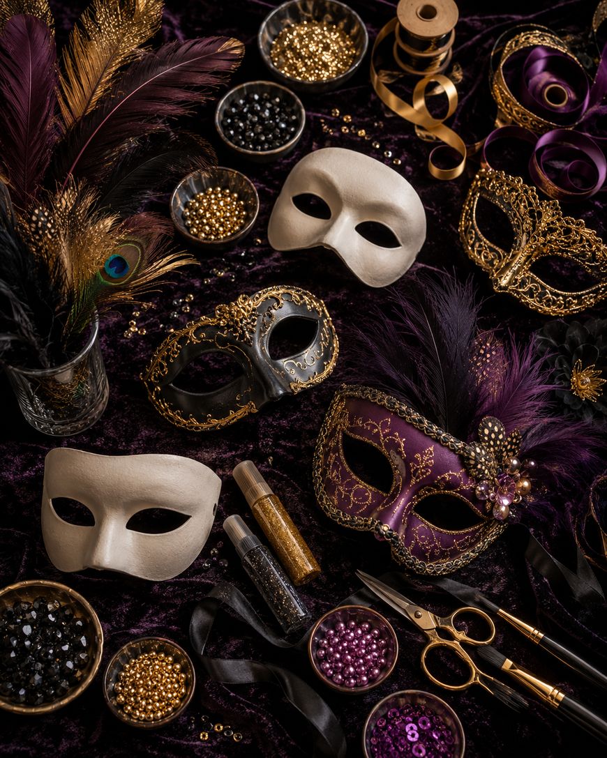 Decorative Venetian masks, beads, feathers, ribbons, gold scissors, and glitter tubes are arranged artistically on a dark velvet background, evoking a festive and luxurious masquerade theme.
