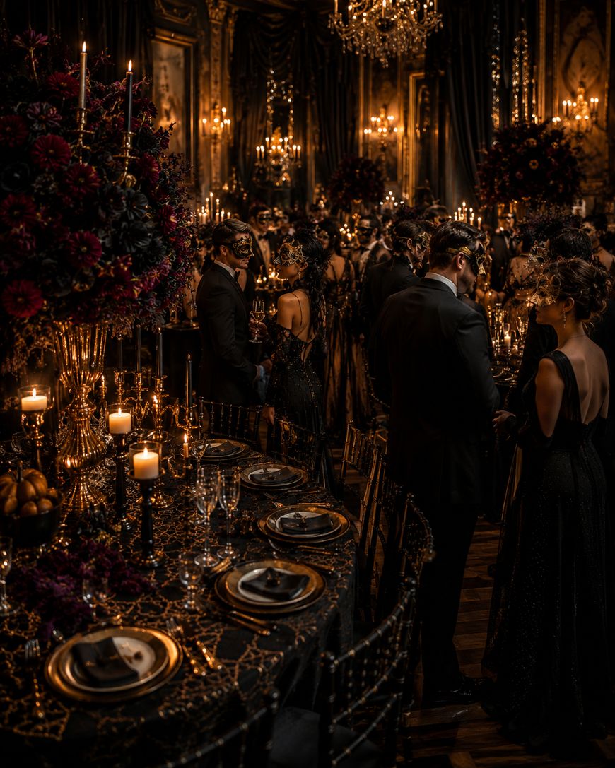 An elegant masquerade ball with guests in formal black attire and masks, ornate candles, lavish floral arrangements, and gold-accented table settings in a dimly lit, opulent room.