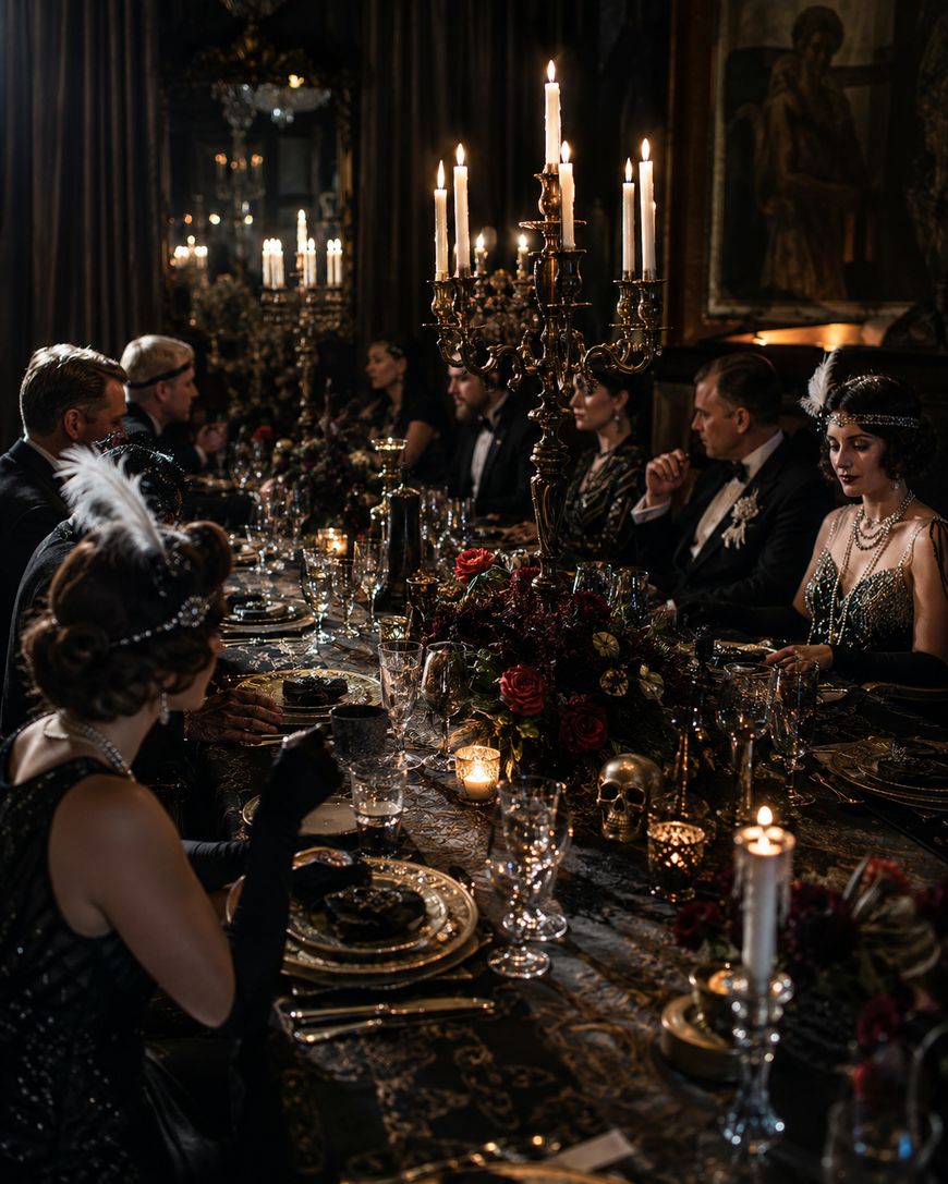 A group in elegant 1920s attire sits around a candlelit, lavishly decorated dinner table with dark flowers, candles, and a skull centerpiece in a dimly lit, ornate room.