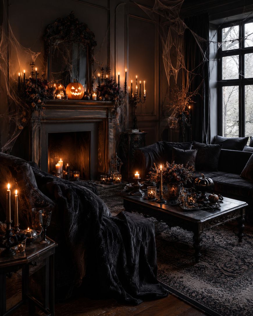 A dimly lit living room with Halloween decor, including candles, cobwebs, and a carved pumpkin on the fireplace. Dark furniture and moody lighting create a spooky, gothic atmosphere.