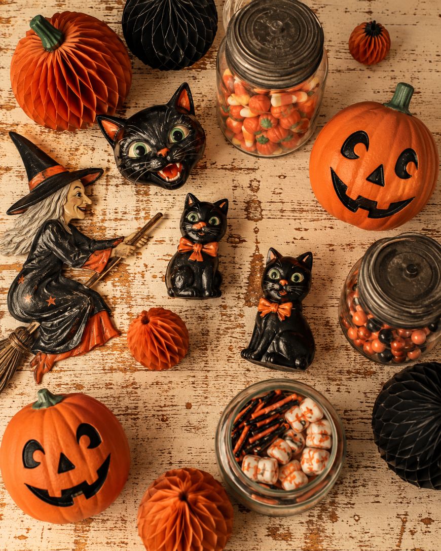 Halloween decorations, including jack-o-lanterns, black cats, a witch, jars of candy corn and Halloween treats, and orange and black honeycomb balls arranged on a rustic wooden table.