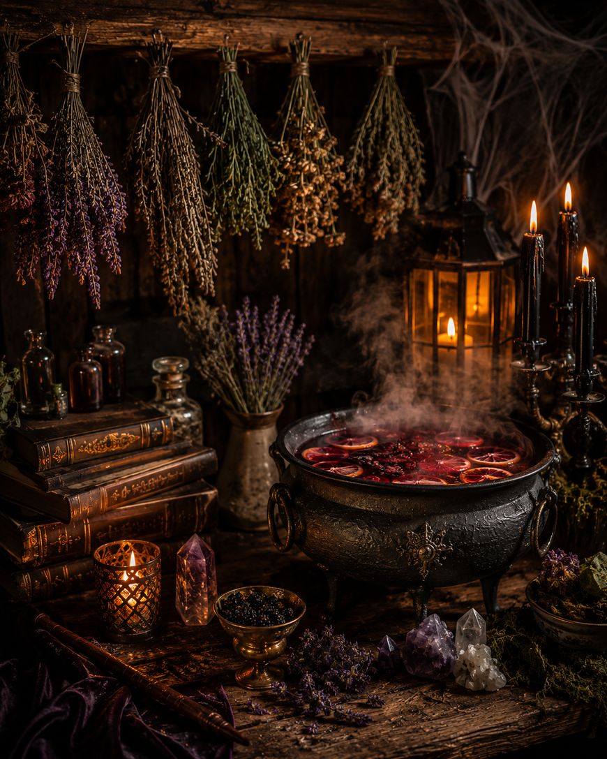 A steaming cauldron with floating citrus slices sits on a rustic table, surrounded by old books, candles, crystals, jars, dried herbs hanging above, and a lantern, creating a mystical, enchanting atmosphere.