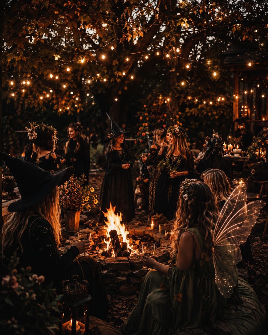 People in costumes, including witches and fairies, gather around a campfire at night in a forest. String lights hang above, and autumn leaves and decorated tables add a festive, magical atmosphere.