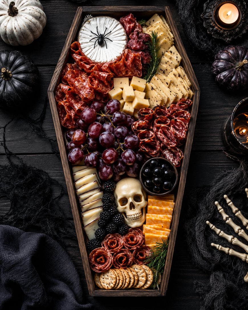 Halloween-themed charcuterie board shaped like a coffin, filled with meats, cheeses, grapes, berries, crackers, olives, and a decorative skull, surrounded by black pumpkins, candles, and skeleton hands.