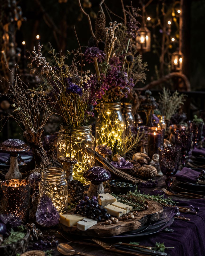 A rustic table set with wooden boards of cheese and grapes, amethyst crystals, purple glassware, and mason jars filled with fairy lights and dried flowers, creating a magical, moody ambiance.