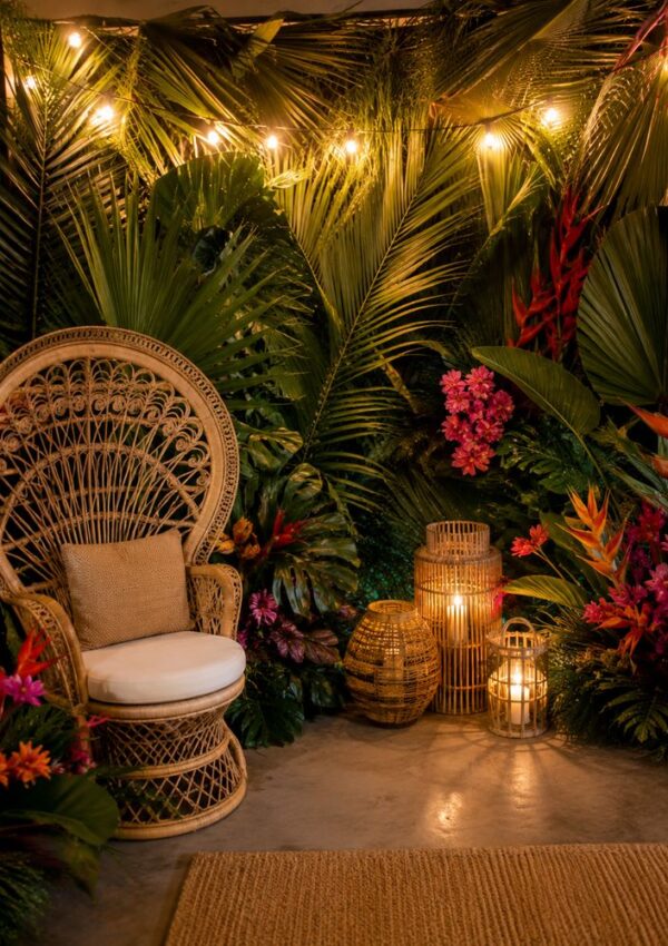 A wicker chair with a cushion sits among lush tropical plants and vibrant flowers, with woven lanterns and warm string lights creating a cozy, inviting atmosphere.