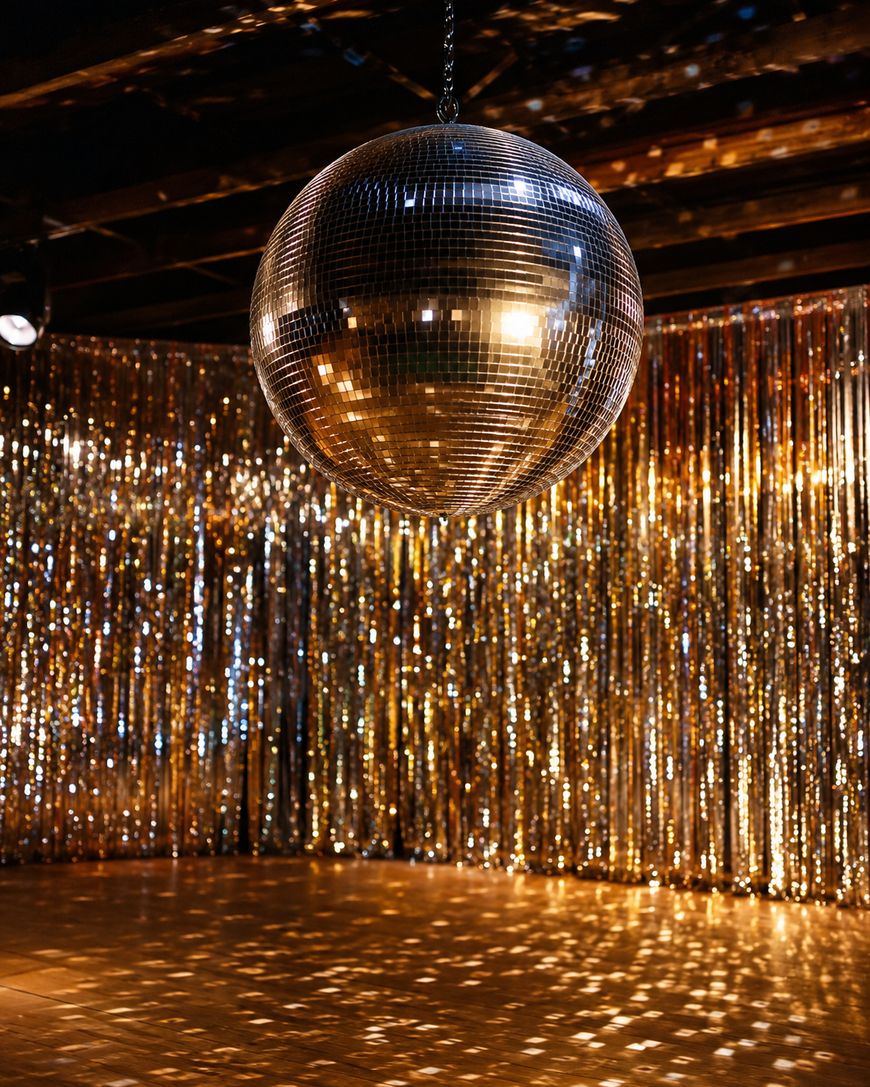 A large disco ball hangs from the ceiling, reflecting light onto golden tinsel streamers and a shiny floor in a festive, retro-themed room.