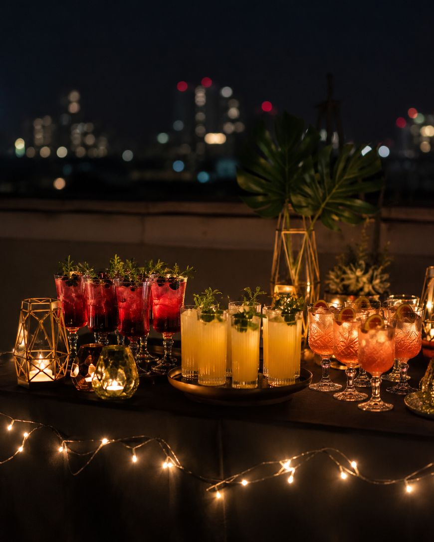 A rooftop table at night displays colorful cocktails, candles, and string lights, with a city skyline blurred in the background.