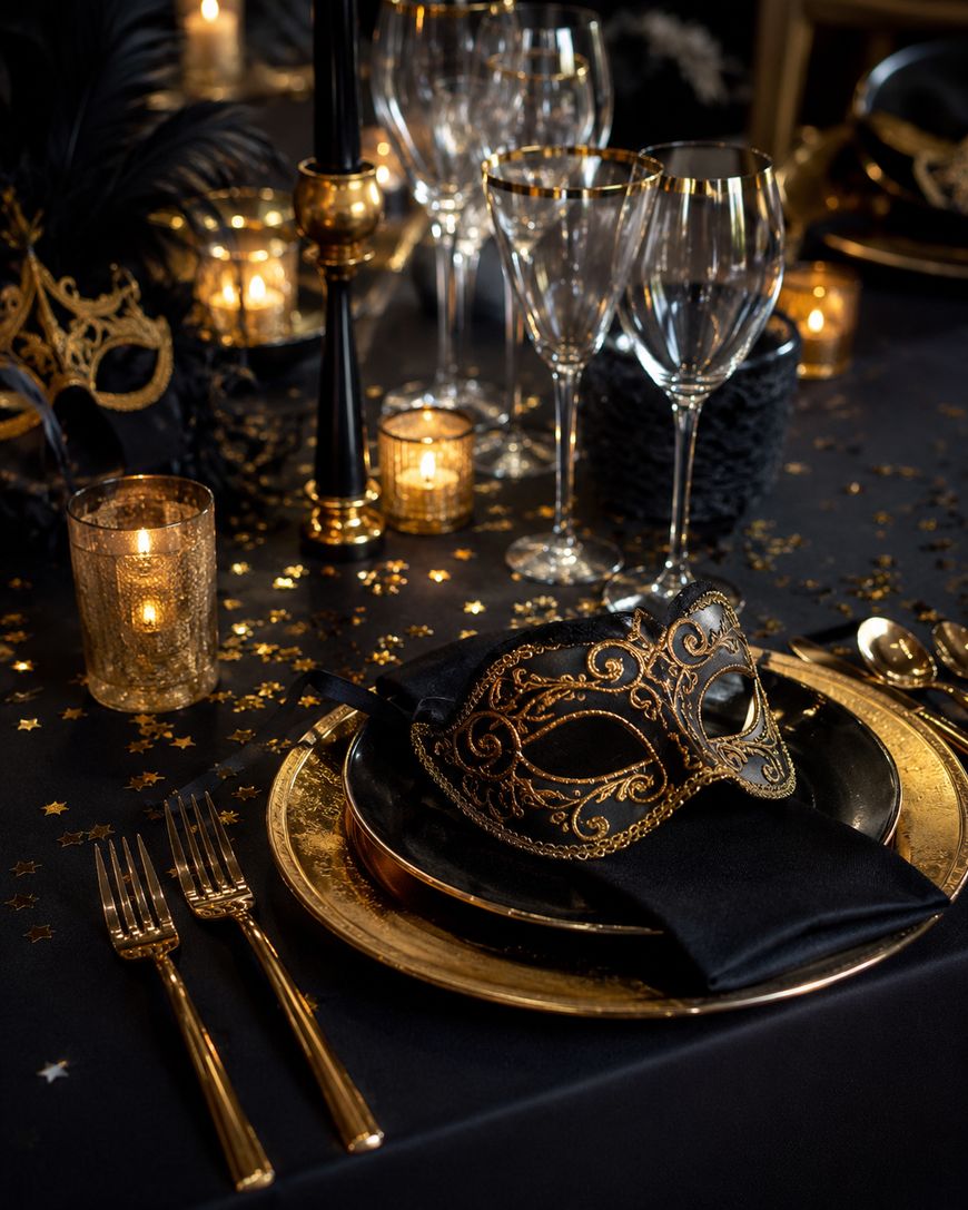 A masquerade mask with gold details rests on a black napkin atop a gold-rimmed plate. Gold cutlery, candles, wine glasses, and decorative stars complete the elegant black and gold table setting.