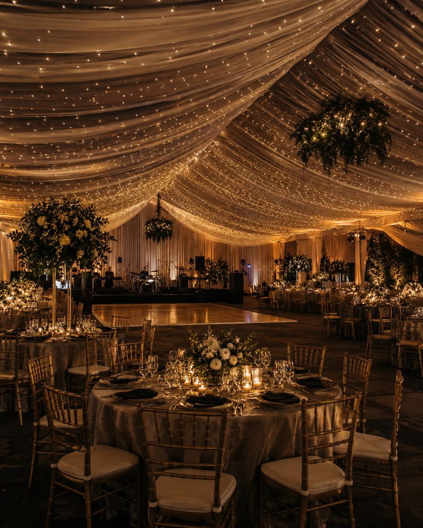 Elegant wedding reception with round tables, floral centerpieces, gold chairs, and a draped ceiling with twinkling string lights, creating a warm, romantic atmosphere.