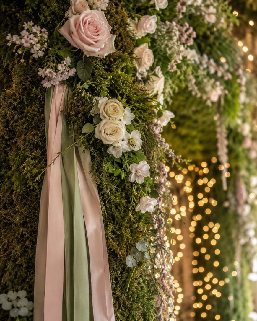 Close-up of a floral arrangement with pink and white roses, green moss, pastel ribbons, and soft fairy lights glowing in the background, creating a romantic and elegant atmosphere.