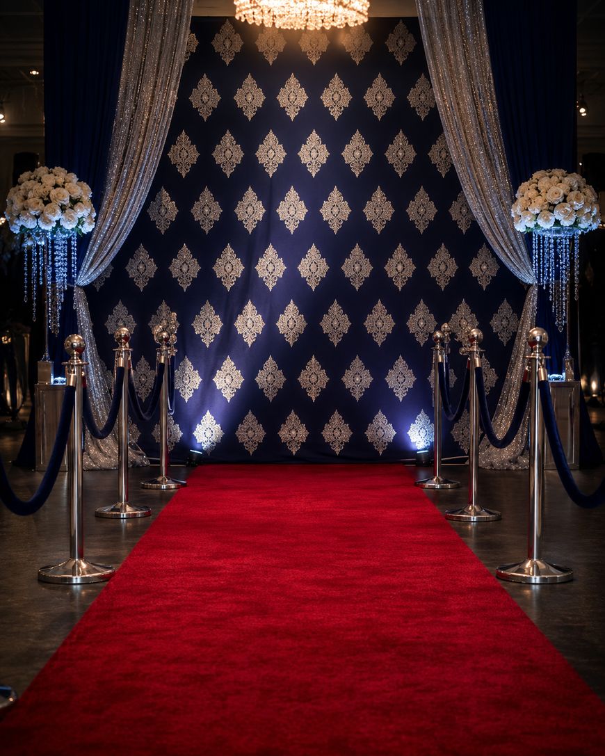 A red carpet leads to a blue and silver patterned backdrop, flanked by blue curtains, floral arrangements on tall stands, and velvet ropes, under a chandelier.