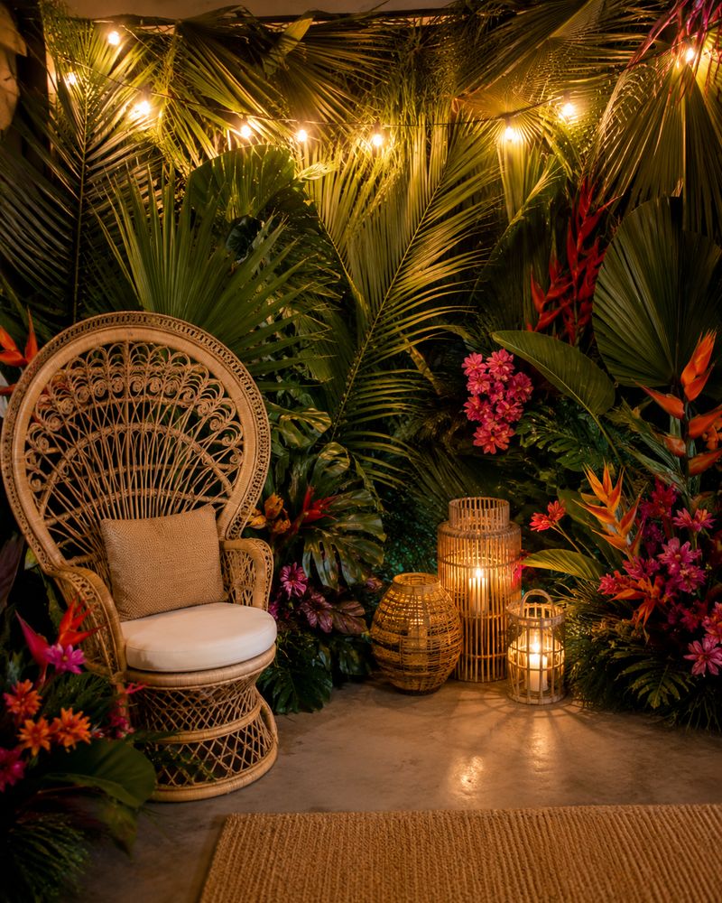 A wicker chair with a cushion sits among lush tropical plants and vibrant flowers, with woven lanterns and warm string lights creating a cozy, inviting atmosphere.