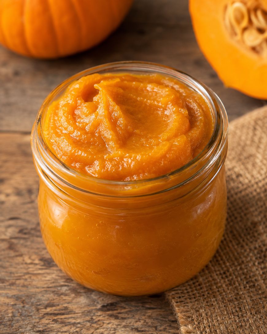 A glass jar filled with smooth pumpkin puree sits on a wooden surface, with a burlap cloth nearby and a cut pumpkin in the background.