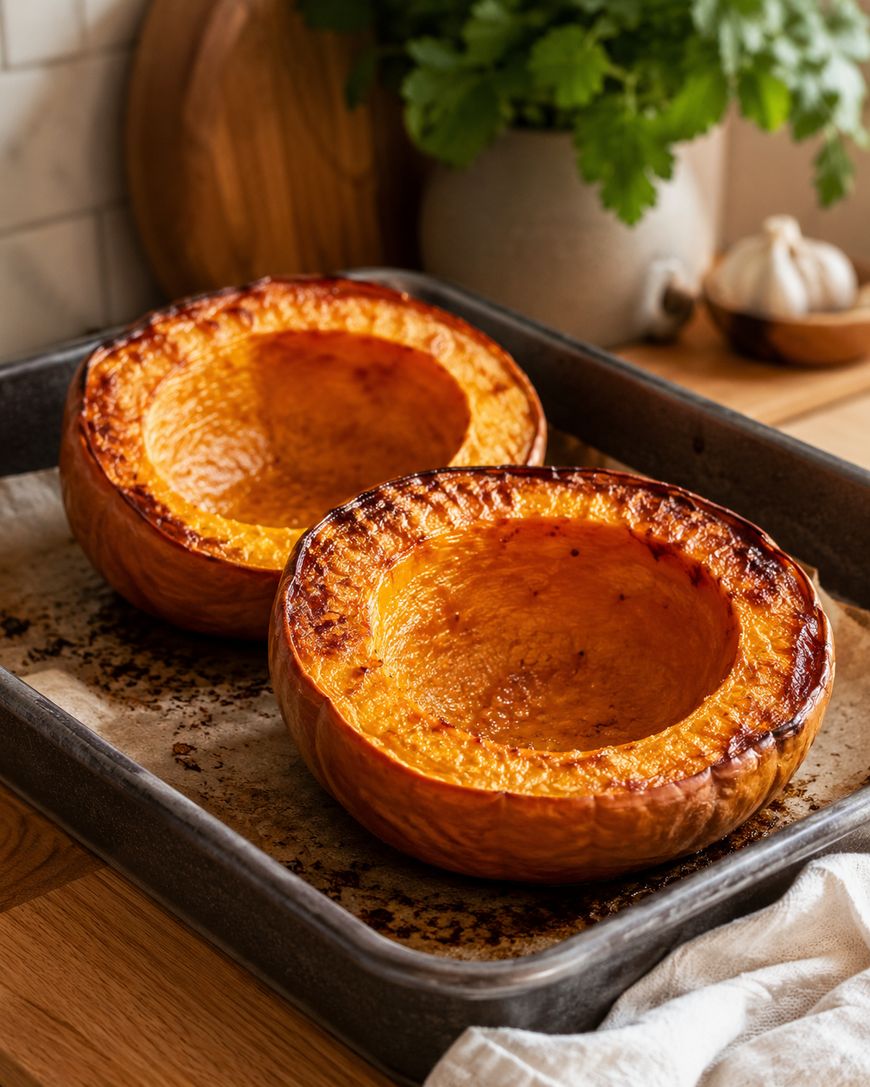 Two roasted pumpkin halves with caramelized edges sit in a baking pan on parchment paper. The kitchen setting includes a wooden board, a potted herb, and garlic in the background.