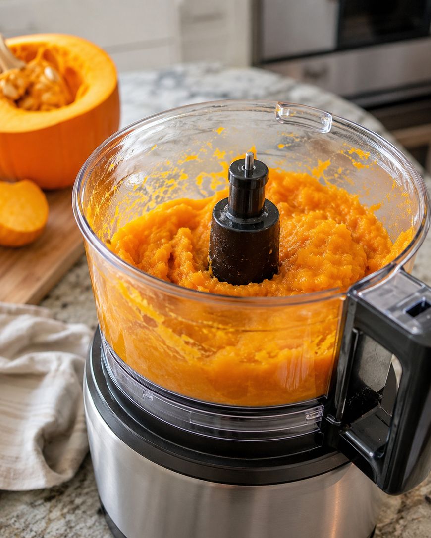 A food processor filled with blended pumpkin puree sits on a kitchen counter. In the background, a cut pumpkin and a knife rest on a wooden cutting board.