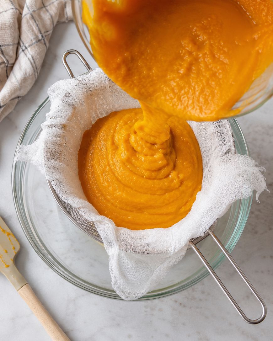 Bright orange pumpkin puree is being poured through cheesecloth-lined strainer over a clear glass bowl on a white countertop. A beige spatula and checkered towel are nearby.