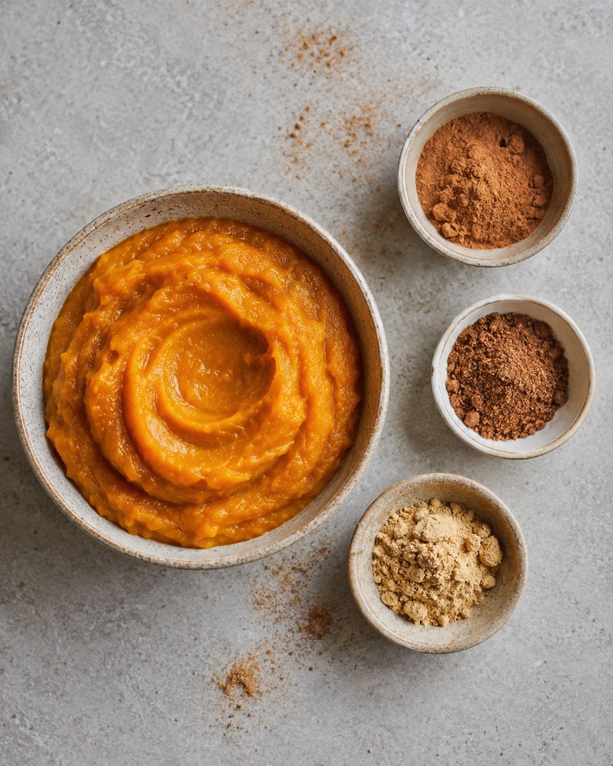 A bowl of pumpkin puree is surrounded by small bowls of ground cinnamon, nutmeg, and ginger on a light gray surface, with some spice sprinkled nearby.