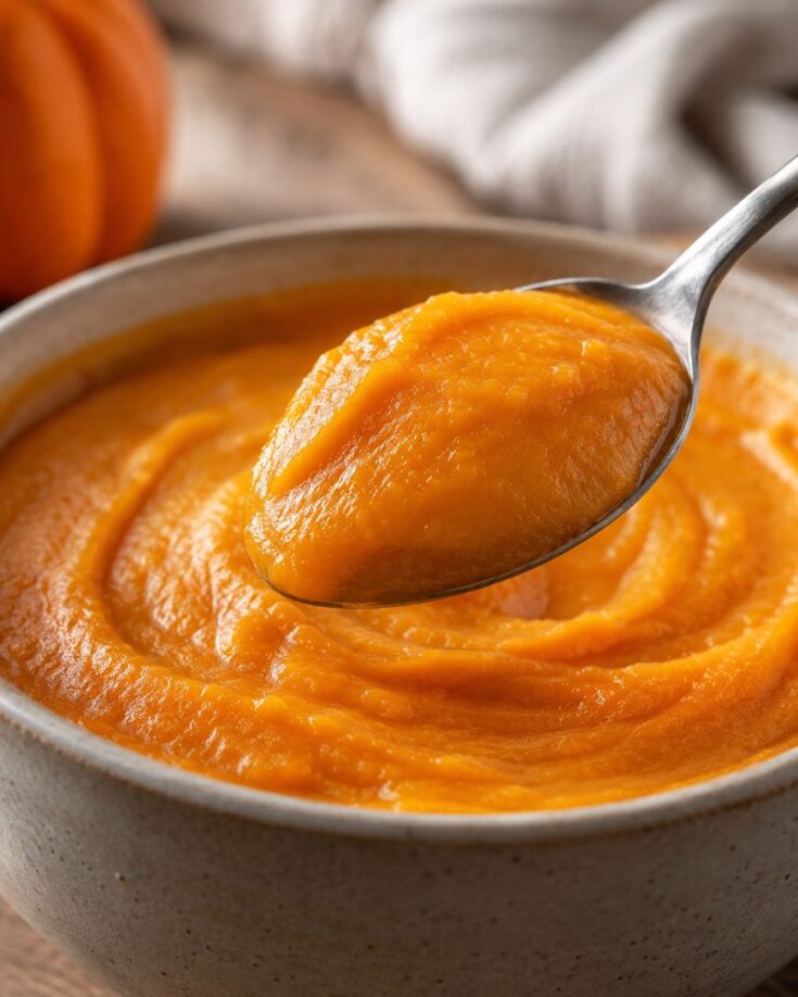 A spoon holding smooth orange pumpkin puree above a bowl filled with the same puree, with a soft focus background showing part of a pumpkin and a cloth.