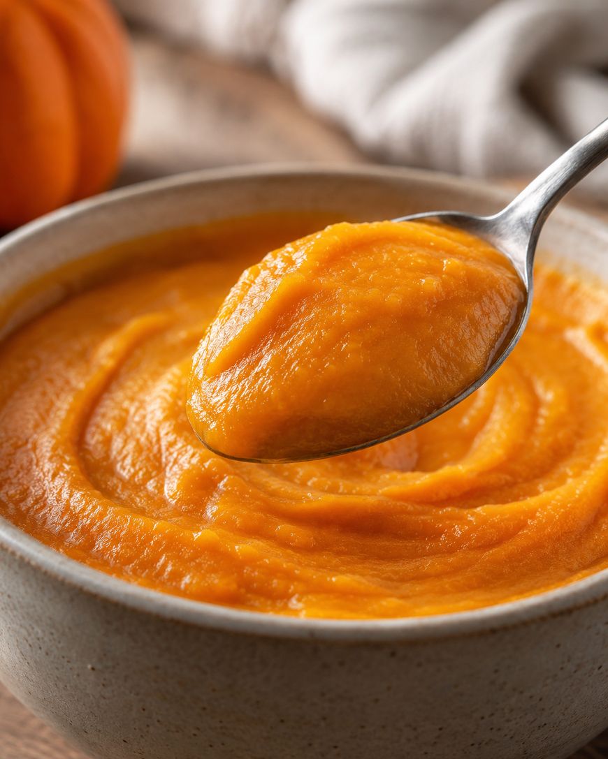 A spoon holding smooth orange pumpkin puree above a bowl filled with the same puree, with a soft focus background showing part of a pumpkin and a cloth.
