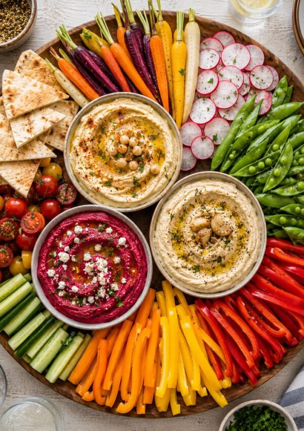 A festive hummus platter perfect for party appetizers, featuring pita, colorful carrots, radishes, snap peas, cherry tomatoes, cucumbers, and bell peppers. Three bowls of hummus—including one topped with beets and feta—are surrounded by vibrant vegetables for a fresh twist on classic hummus board ideas.