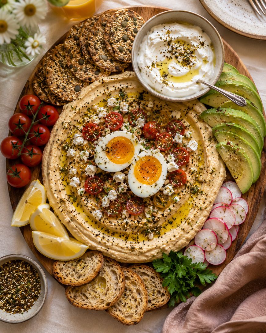 A platter with hummus topped with eggs, tomatoes, herbs, and feta, surrounded by crackers, sliced avocado, radishes, lemon wedges, bread, cherry tomatoes, labneh with herbs, and parsley.