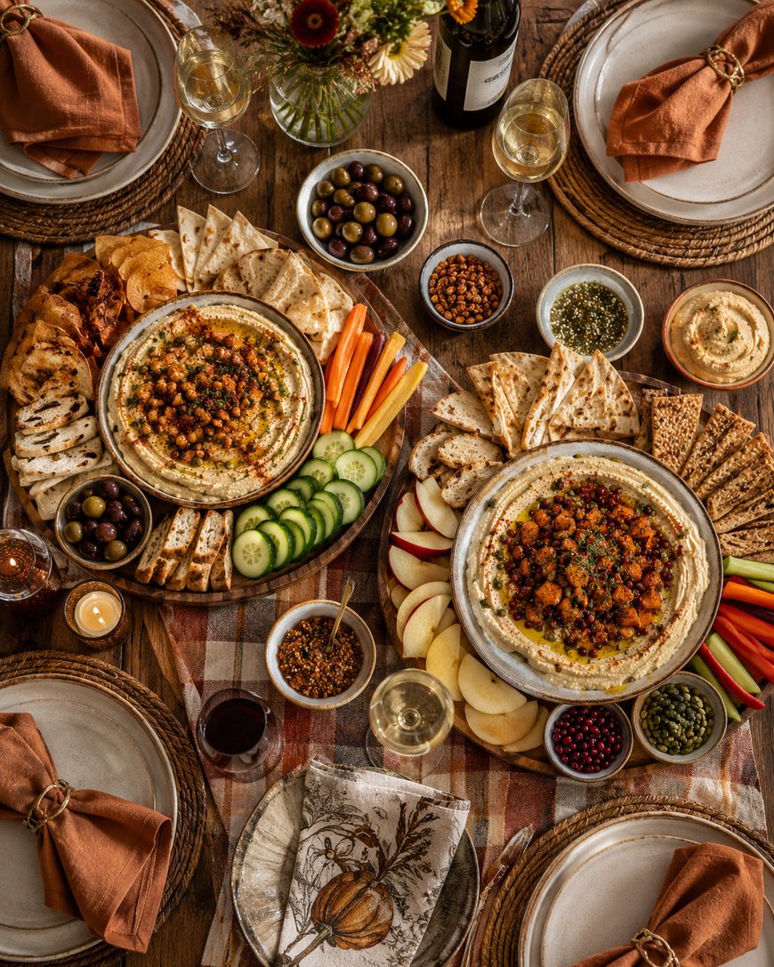 A rustic table set for four showcases inventive hummus board ideas, featuring generous hummus platters, pita, fresh veggies, olives, apples, dips, wine, candles, and fall-themed napkins—creating a cozy and abundant autumn meal scene perfect for party appetizers.