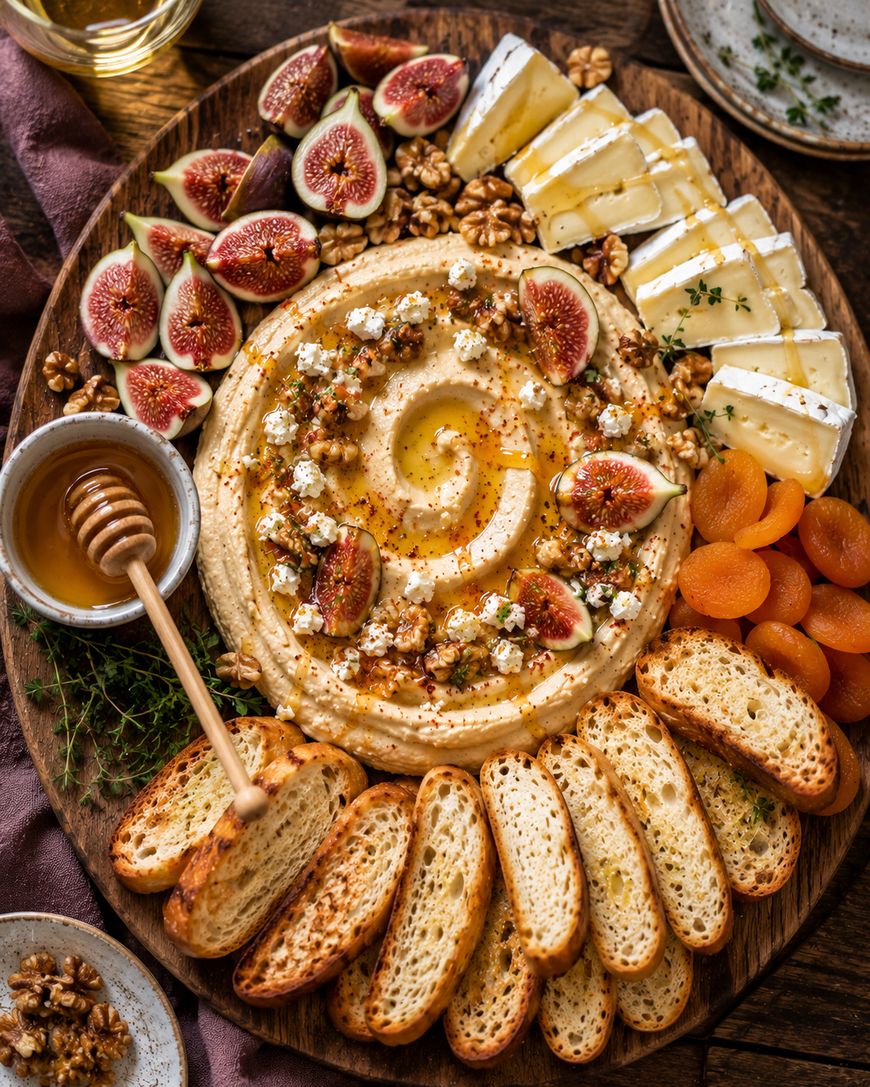 A wooden platter with hummus topped with figs, nuts, and honey, surrounded by sliced figs, brie cheese, walnuts, dried apricots, crostini, and a bowl of honey with a dipper.