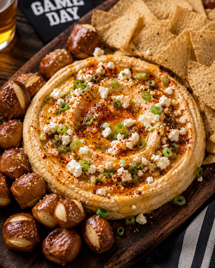 A wooden platter with hummus topped with feta, green onions, and spices, surrounded by pretzel bites and tortilla chips. A napkin with “Game Day” and a glass of beer are partially visible in the background.