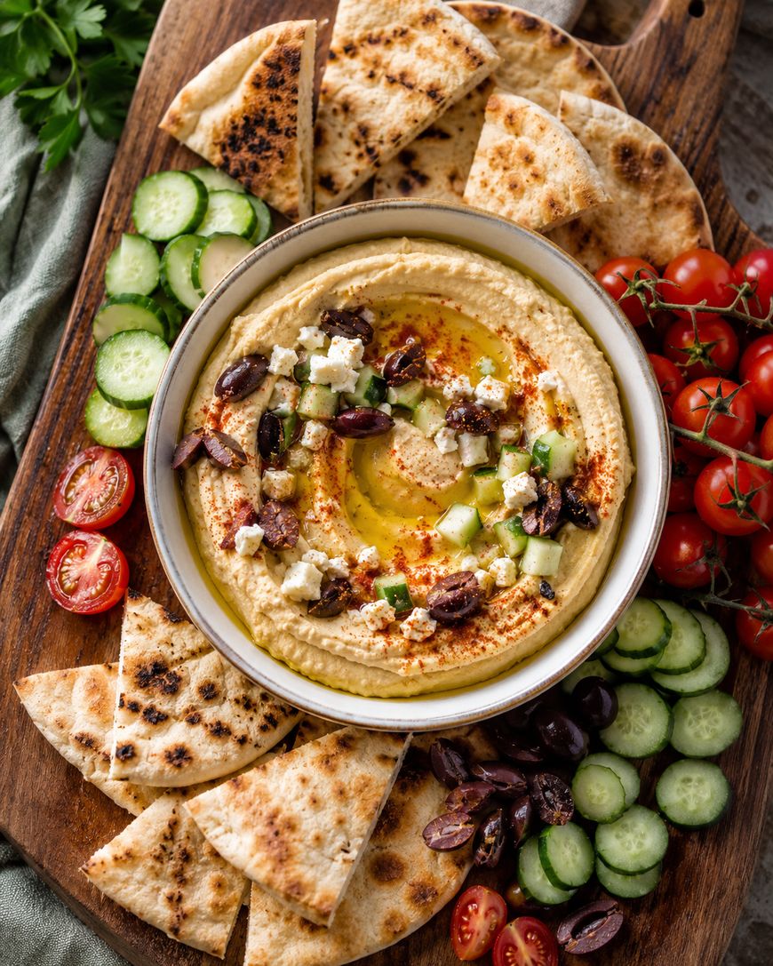 A bowl of hummus topped with olives, cucumber, feta, and paprika, surrounded by pita bread, cherry tomatoes, and cucumber slices on a wooden serving board.