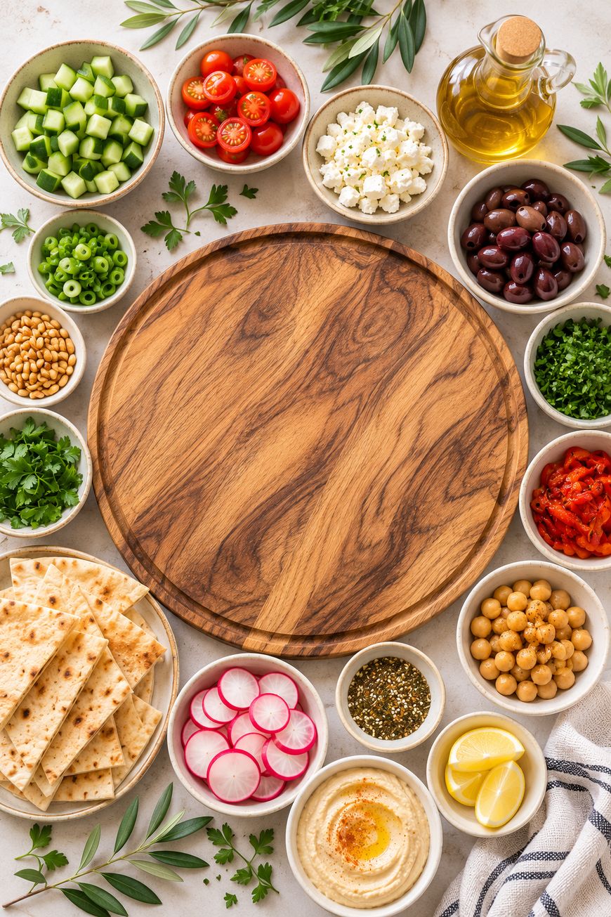 Wooden platter surrounded by small bowls of salad ingredients: cucumbers, tomatoes, feta, olives, parsley, hummus, flatbread, radishes, green onions, pine nuts, chickpeas, lemon wedges, roasted peppers, olive oil, and spices.
