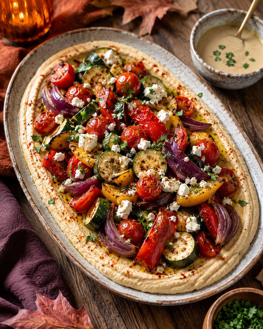 A platter of hummus topped with roasted vegetables, including cherry tomatoes, zucchini, bell peppers, and red onions, garnished with crumbled feta and herbs. A bowl of sauce sits nearby on a rustic wooden table.