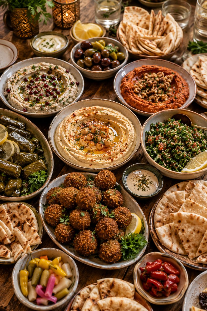An assortment of Middle Eastern dishes, including hummus, falafel, tabbouleh, baba ghanoush, stuffed grape leaves, olives, pickles, and pita bread, arranged on a wooden table with lemon slices and herbs.