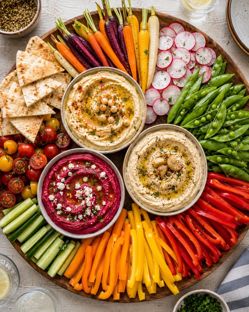 A platter with pita, colorful carrots, radishes, snap peas, tomatoes, cucumber, bell peppers, and three kinds of hummus in bowls—classic, beet, and another topped with chickpeas, herbs, and spices.