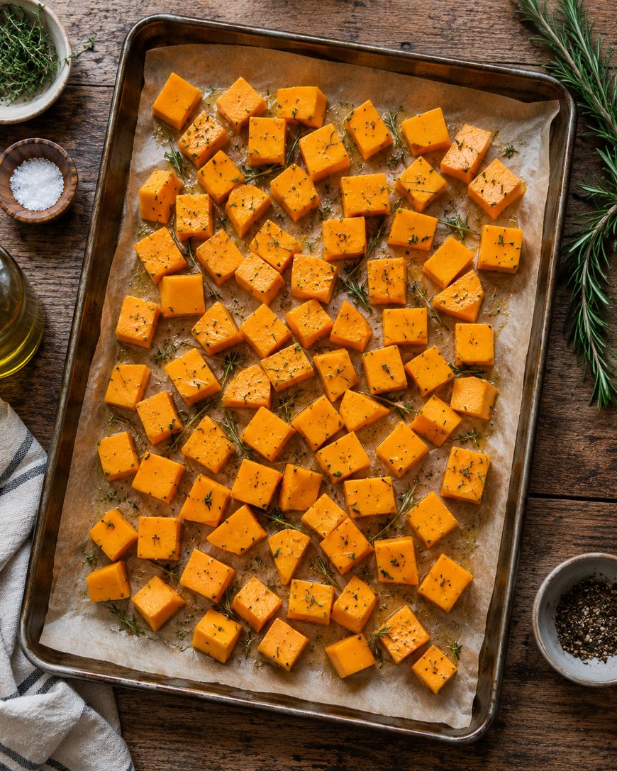Cubed butternut squash tossed with herbs and seasoning arranged on a parchment-lined baking sheet, ready for roasting. Fresh rosemary, salt, pepper, olive oil, and a striped towel are visible nearby on a wooden table.