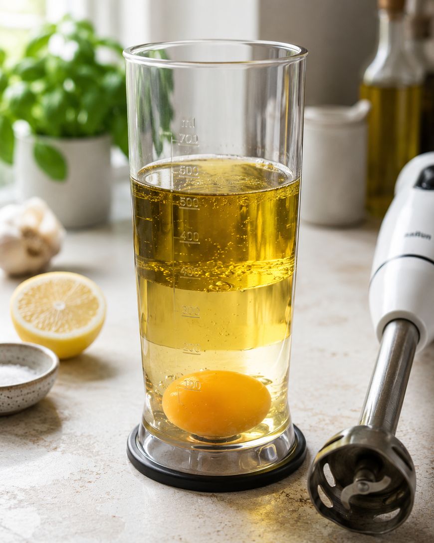 A tall glass container holds oil and a raw egg, ready for blending. A hand blender, lemon half, garlic, and fresh herbs are nearby on a kitchen counter.