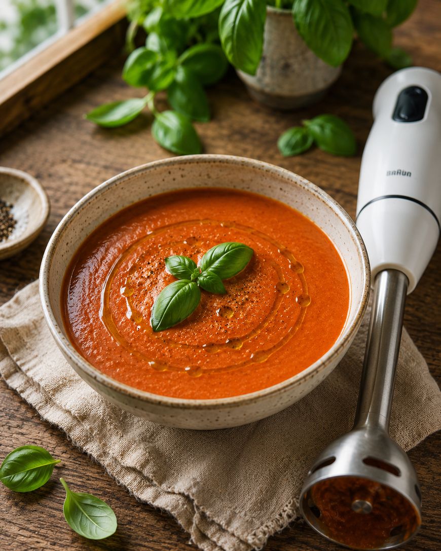 A bowl of tomato soup garnished with basil and a drizzle of oil sits on a napkin, with a handheld blender beside it and fresh basil leaves scattered on a wooden surface.