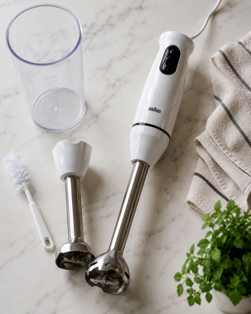 A white hand blender with two attachments, a plastic cup, a small cleaning brush, a striped towel, and a green plant on a marble countertop.