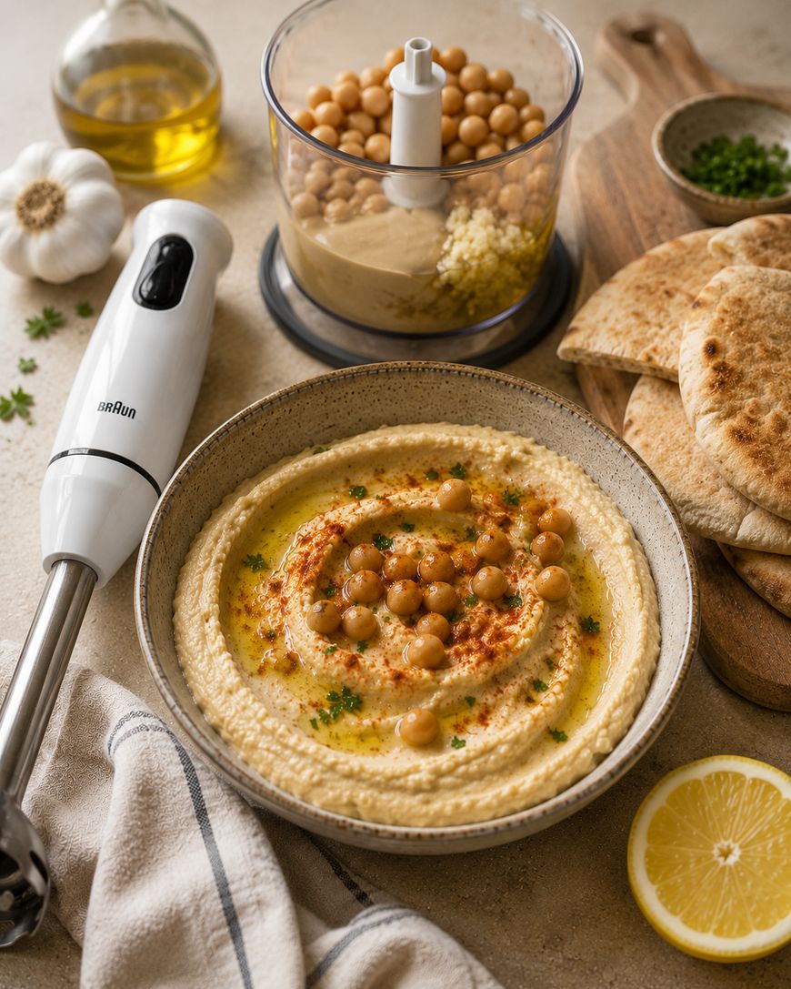A bowl of hummus topped with chickpeas, olive oil, and herbs sits beside pita bread, a food processor with chickpeas, a blender, garlic, and half a lemon on a kitchen counter.
