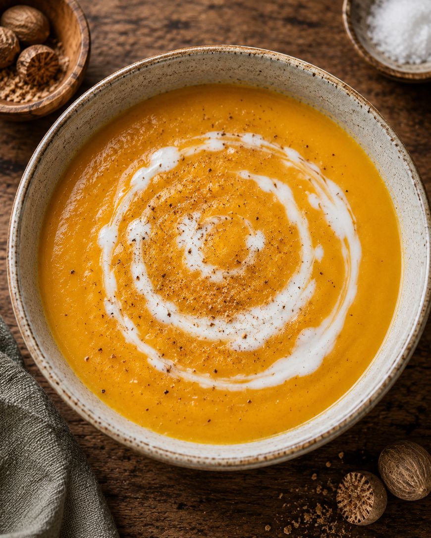 A bowl of creamy orange soup with a swirl of white cream on top, garnished with ground pepper, sits on a wooden table beside small bowls of salt and spices.