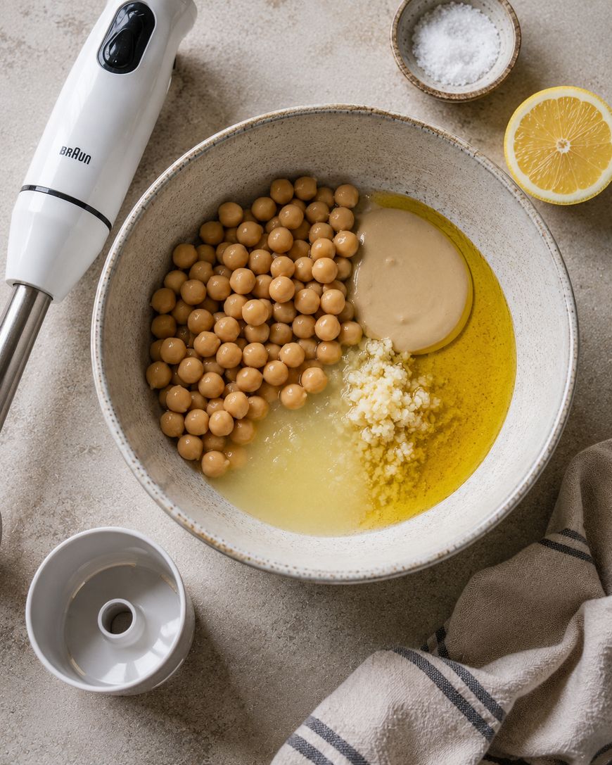 A bowl with chickpeas, tahini, olive oil, minced garlic, and lemon juice, next to a hand blender, a half lemon, a small bowl of salt, and a striped towel on a beige surface.