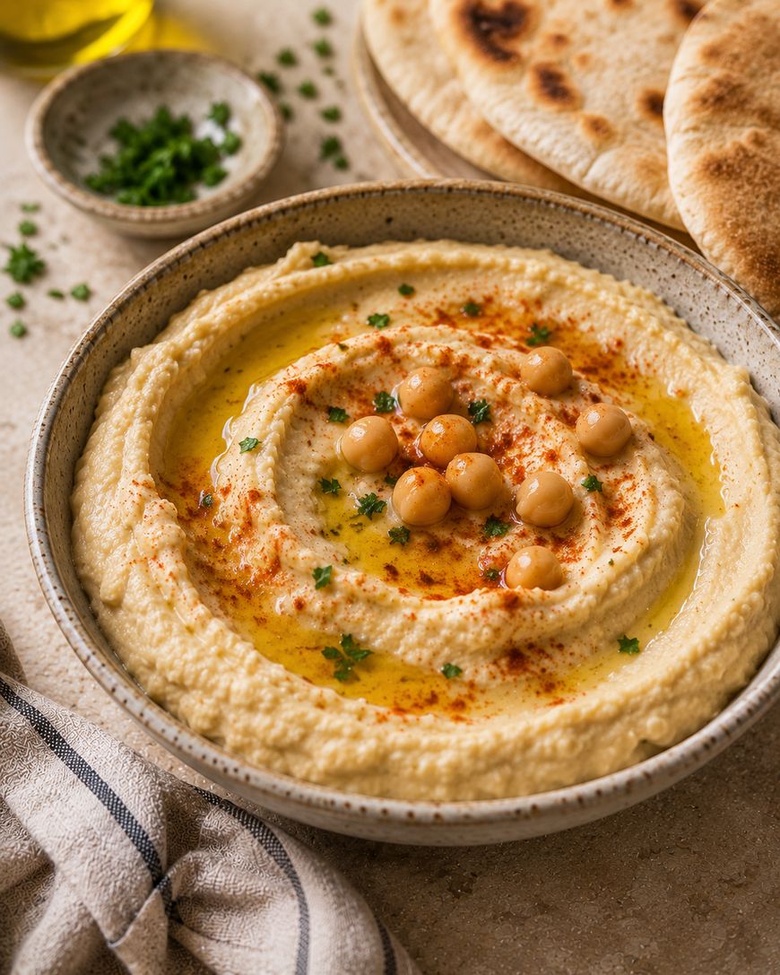 A bowl of hummus topped with whole chickpeas, paprika, parsley, and olive oil, served with pita bread and a small dish of herbs on the side.