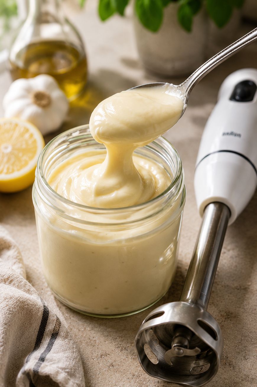 A spoon lifts creamy aioli from a glass jar. A hand blender, half a lemon, garlic, olive oil, and green herbs are in the background on a beige surface.