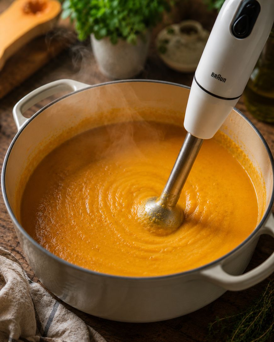 A hand blender blends orange soup in a white pot on a wooden table, with steam rising and fresh herbs in the background.