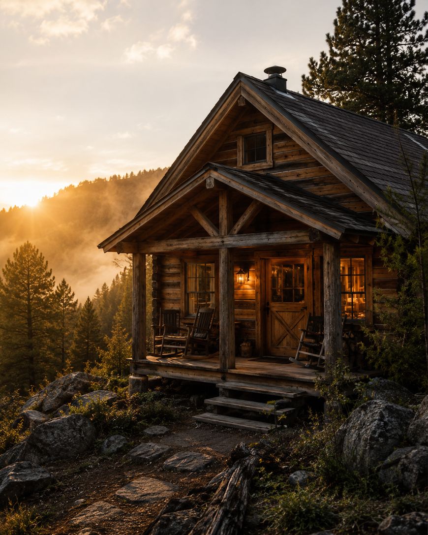 A rustic wooden cabin with a porch and rocking chairs sits among pine trees at sunset, with warm light glowing from the windows and mist rising in the forested hills behind.