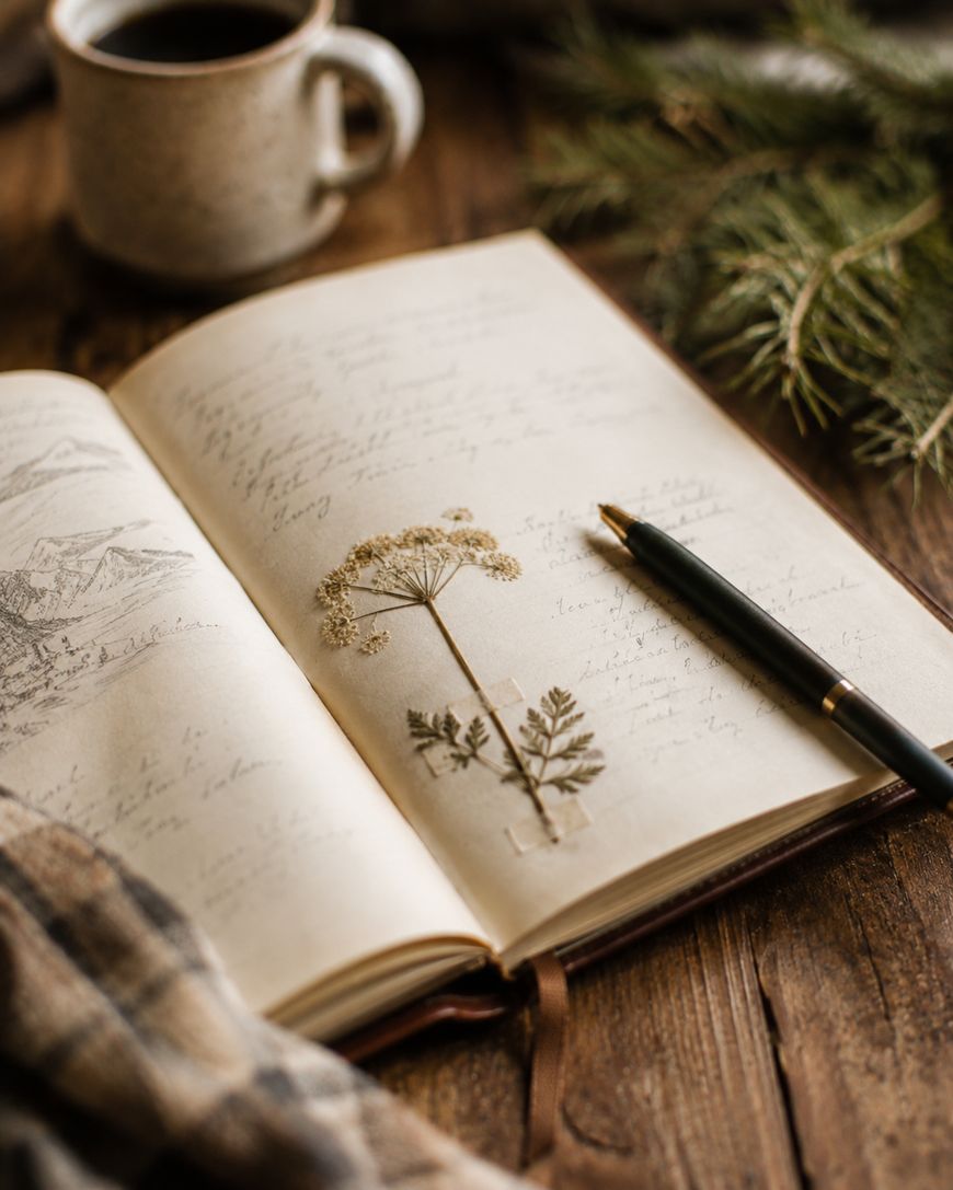 An open journal with handwritten notes, a botanical drawing, and a pressed flower, with a pen resting on the pages. A cup of coffee, pine branches, and a plaid cloth are on the wooden table nearby.