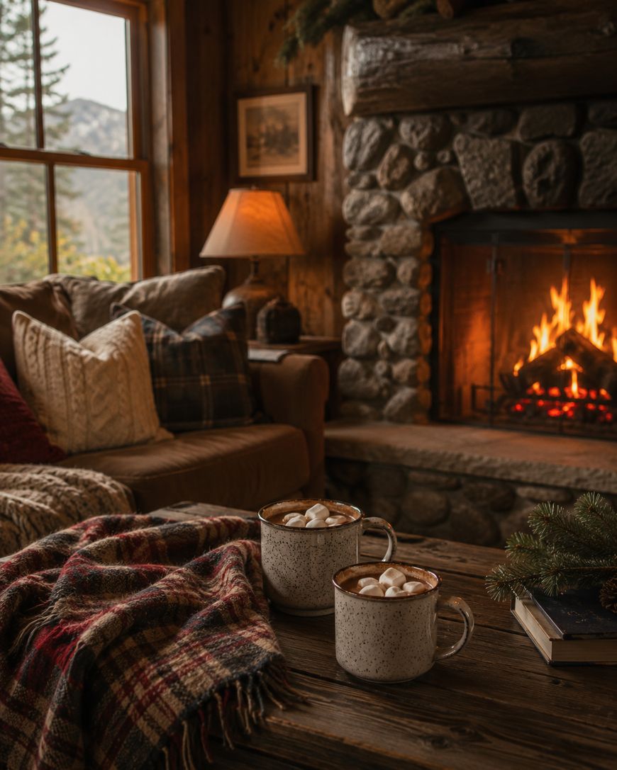 Two mugs of hot chocolate with marshmallows sit on a plaid blanket in a cozy living room with a stone fireplace, a burning fire, a couch with cushions, and a window showing trees and mountains outside.