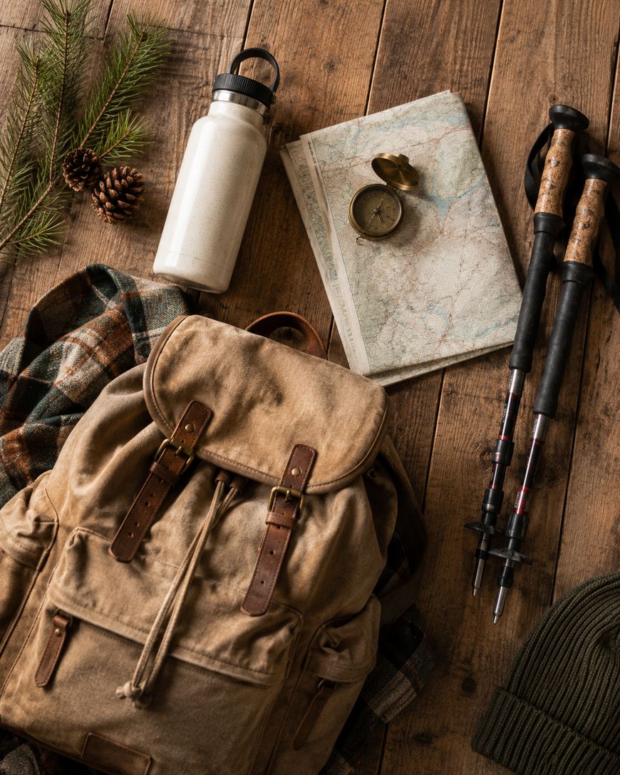 Flat lay of hiking gear on a wooden surface: a backpack, trekking poles, map, compass, water bottle, flannel shirt, green beanie, and pine branch with cones.