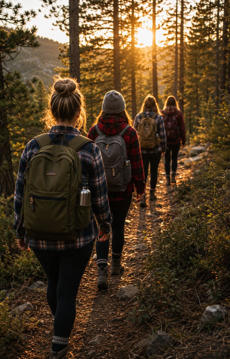 Four people with backpacks hike along a forest trail at sunset, sunlight streaming through tall pine trees. They wear plaid shirts and beanies, walking away from the camera on a dirt path surrounded by greenery.