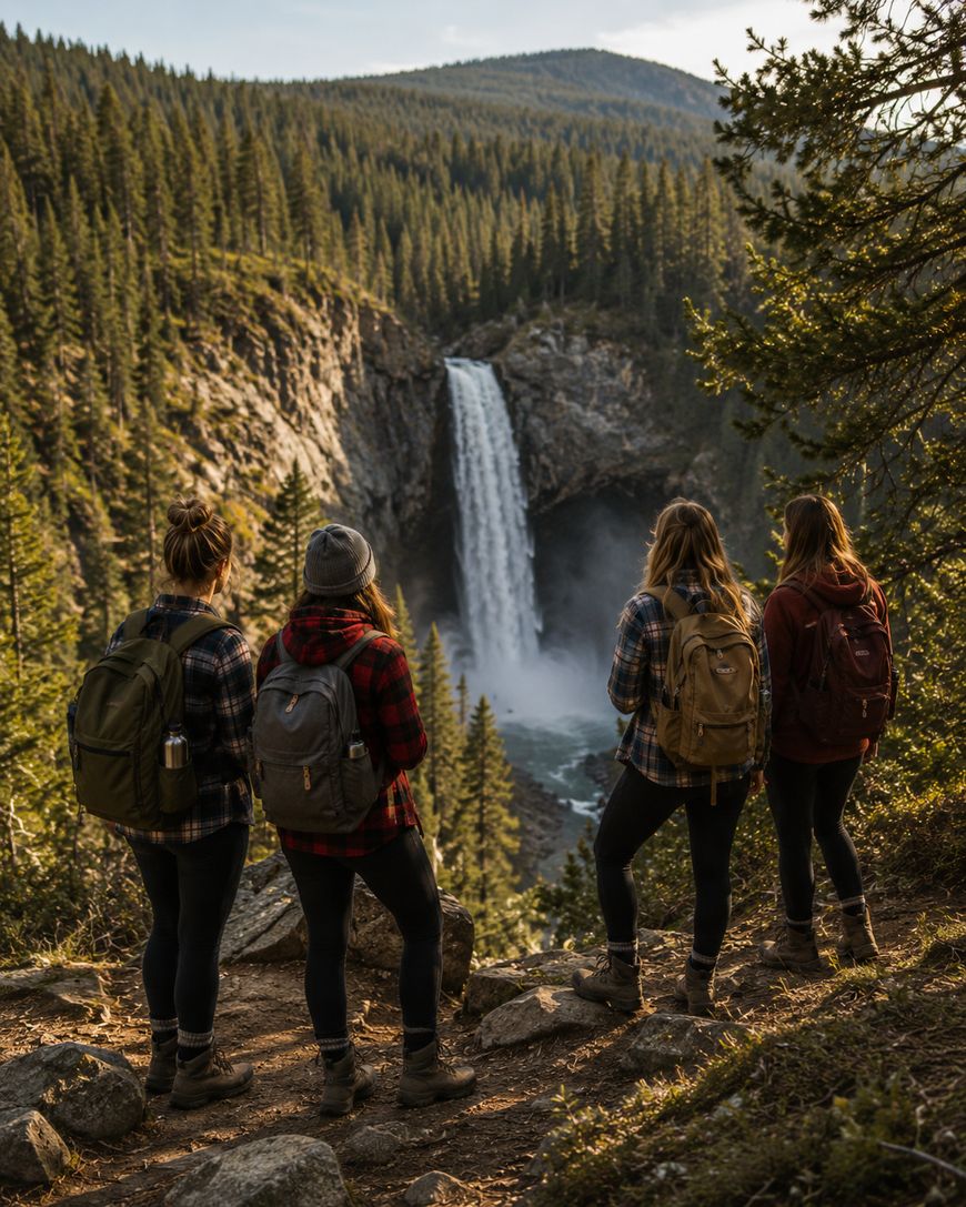 Four people wearing backpacks and outdoor clothing stand on a rocky overlook, gazing at a tall waterfall surrounded by dense forest and mountains under a partly cloudy sky.